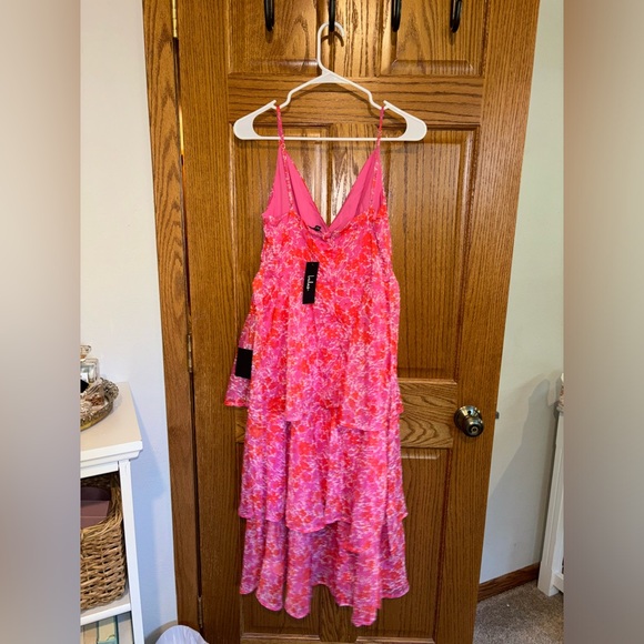 Adorable Obsession Pink Floral Print Lurex Tiered Midi Dress - Picture 2 of 4